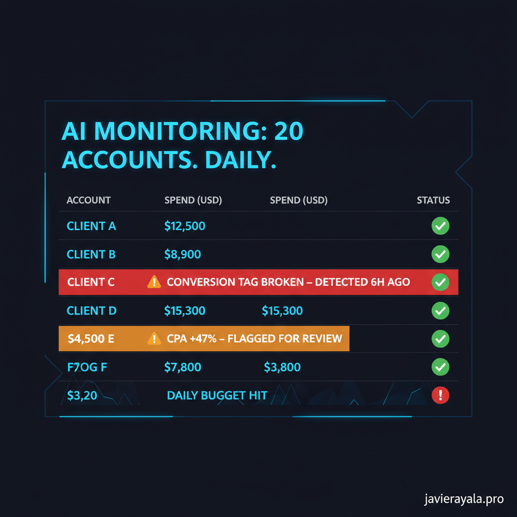 Google Ads MCC dashboard showing AI monitoring across multiple client accounts