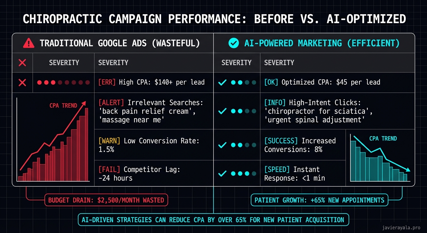 AI-powered Google Ads dashboard showing chiropractic clinic cost per lead optimization and new patient conversion tracking