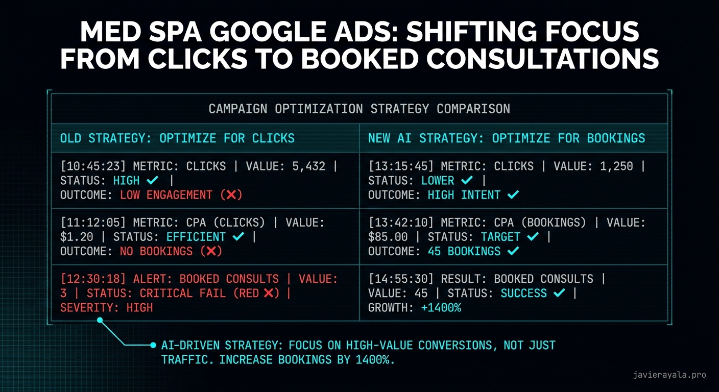 Google Ads AI optimization dashboard for med spa showing cost per booking and high-value treatment conversion tracking