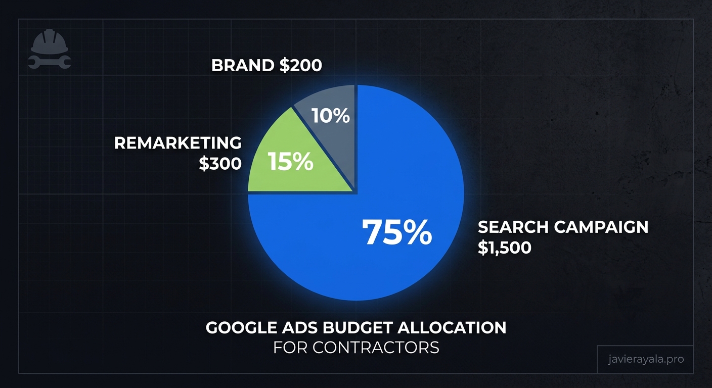 Budget allocation chart showing $2,000 Google Ads spend breakdown for contractors.