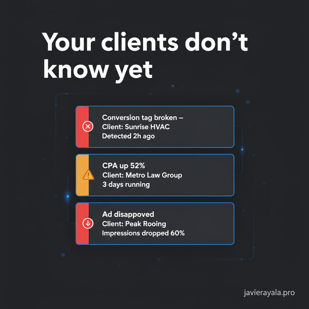 Google Ads MCC alert system showing real-time account problems caught before clients notice